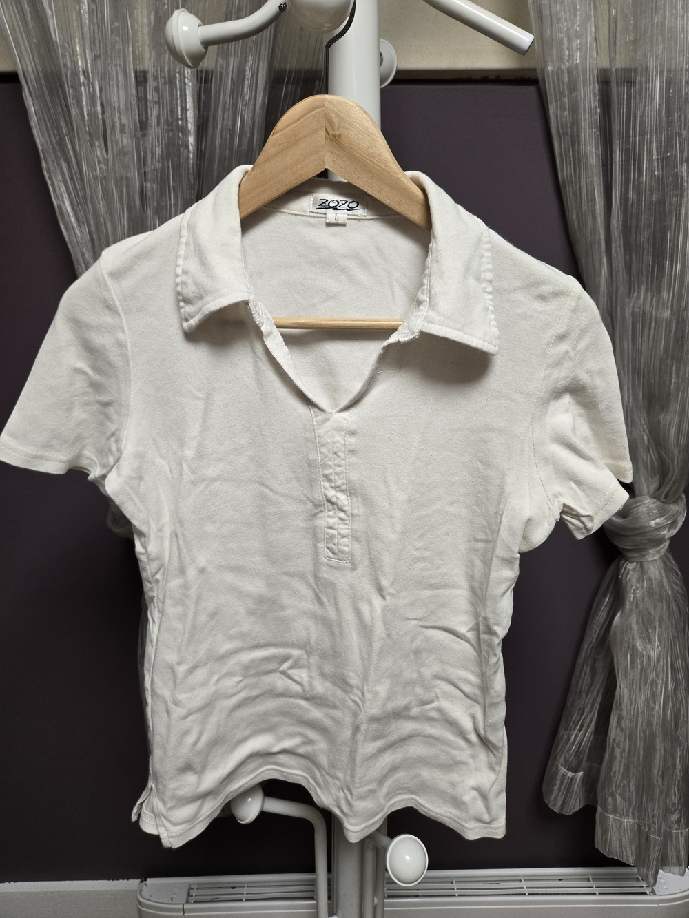 White Short-Sleeve Polo Top with Notch Placket